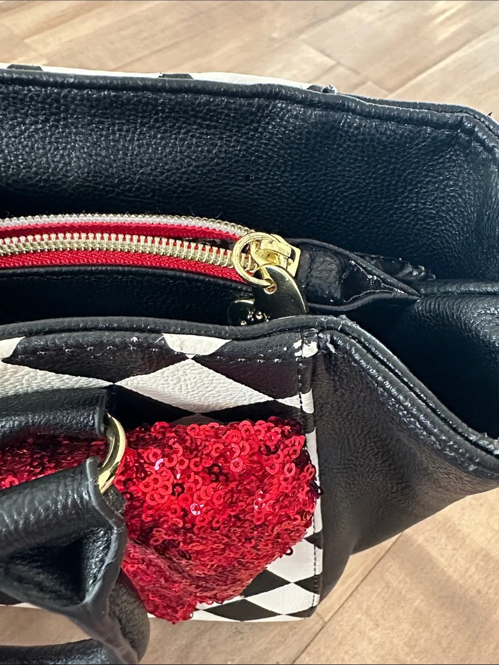 Betsey Johnson Black & White Checker Satchel with Red Sequin Bow